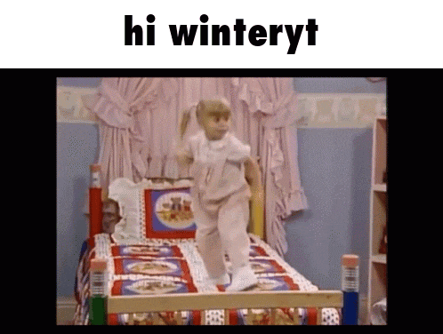 a girl jumping on a bed with the words hi winteryt above her