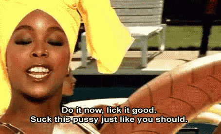 a woman wearing a yellow turban says do it now , lick it good . suck this pussy just like you should .
