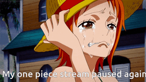 nami from one piece is crying with the words " my one piece stream paused again " below her