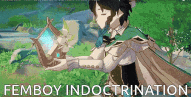 a cartoon of a man holding a book with the words femboy indoctrination written below him