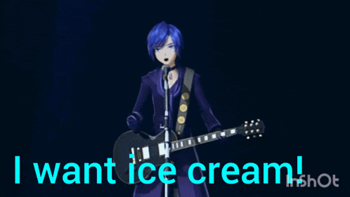 a blue haired anime character singing into a microphone with the words " i want ice cream " written above him