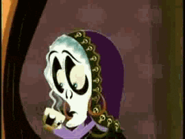 a cartoon skeleton is talking on a cell phone while wearing a purple scarf .