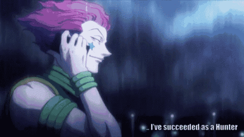 a cartoon of a man with pink hair and the words " i 've succeeded as a hunter " below him