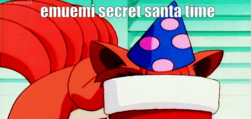 a cartoon squirrel wearing a party hat with the words " emuemi secret santa time " on it