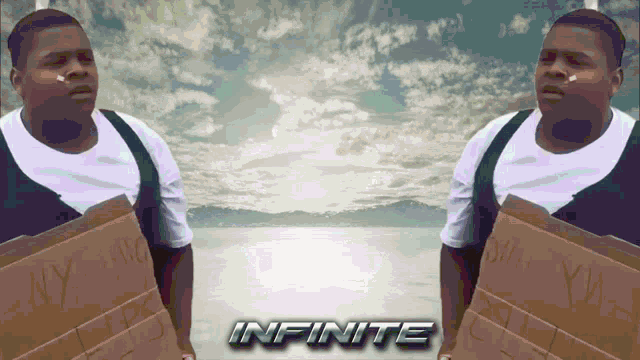 two men are standing next to each other with the word infinite written on the bottom