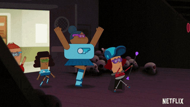 a group of cartoon characters are dancing in a dark room with a netflix logo in the corner