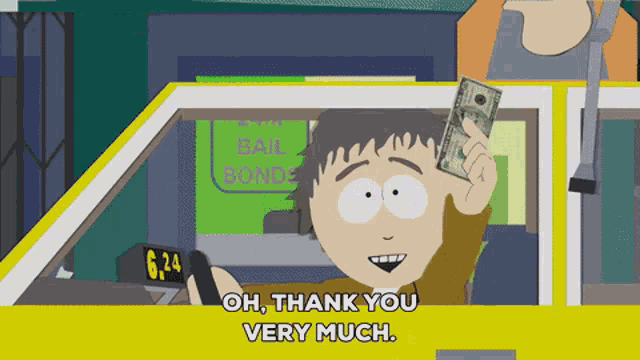 a cartoon character in a car holding a dollar bill and saying " oh thank you very much "