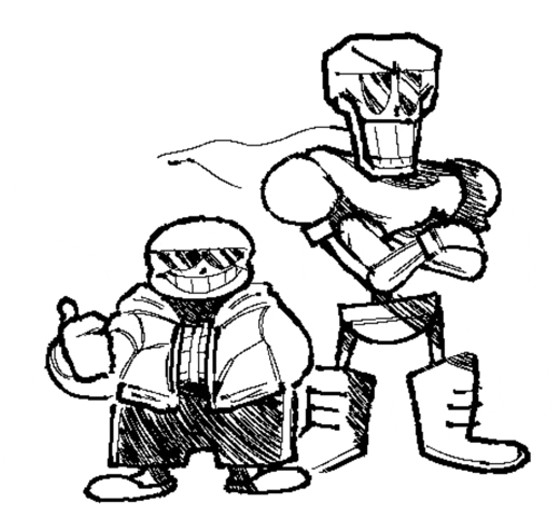 a black and white drawing of papyrus and sans from undertale standing next to each other .