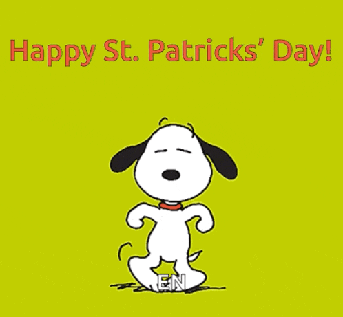 a cartoon of snoopy dancing with the words happy st. patrick 's day on the bottom