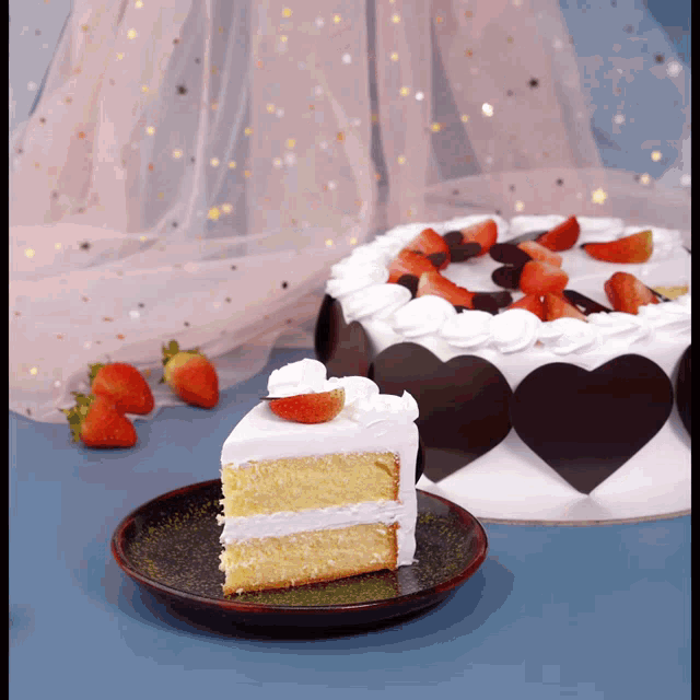 a slice of cake with strawberries on top of it