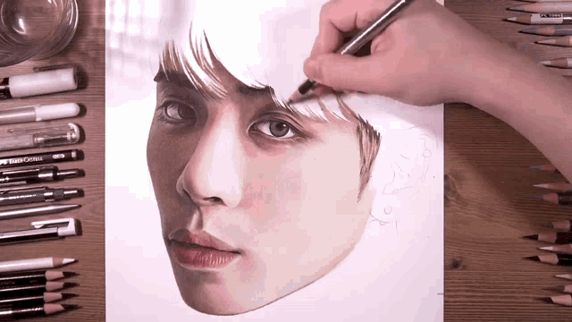 a drawing of a woman 's face is being drawn with a faber castell pen