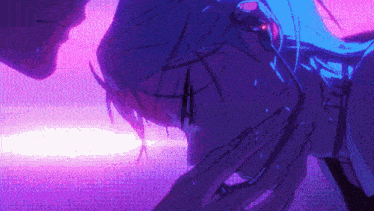 a close up of a person 's face with a purple background and glowing hair .