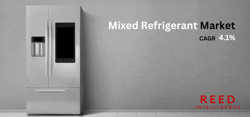 a stainless steel refrigerator with the words mixed refrigerant market