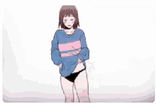 a pixel art drawing of a girl wearing a blue and pink sweater .