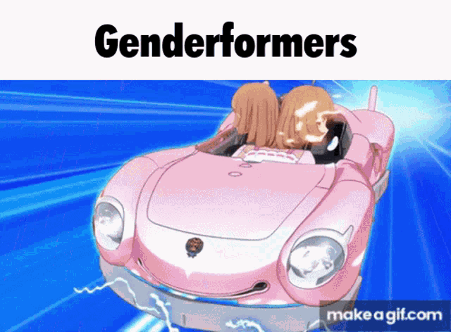 two girls are driving a pink car with the words genderformers above them
