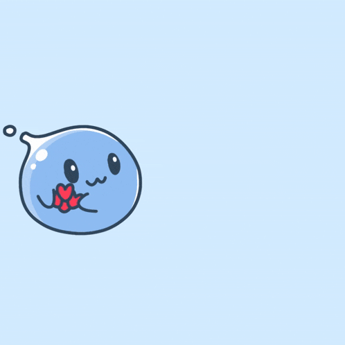 a cartoon drawing of a blue bubble with hearts on its face