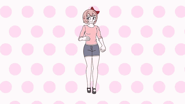 a cartoon of a girl in a pink shirt and shorts