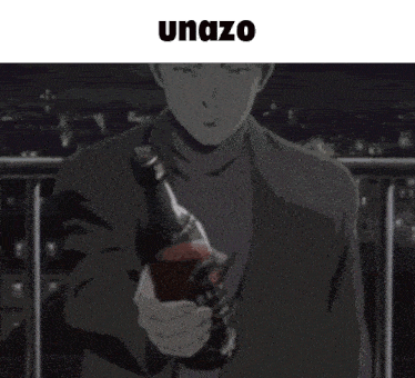 a man in a suit is holding a bottle with the word unazo below him