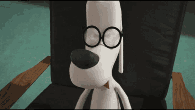 a cartoon dog wearing glasses sits in a black chair