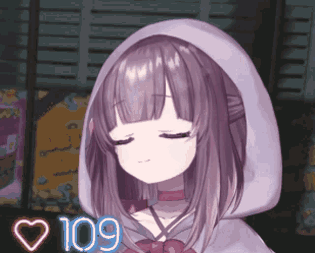 a girl with purple hair is wearing a white hood and has a heart above her head with the number 109 on it