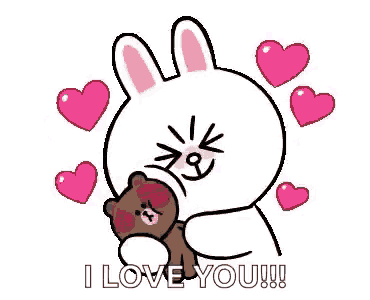 a cartoon of a brown bear holding a stick with hearts coming out of it .