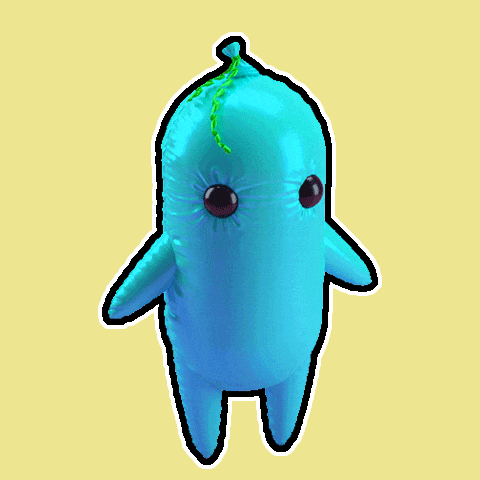 a blue inflatable dolphin with a leaf on its head