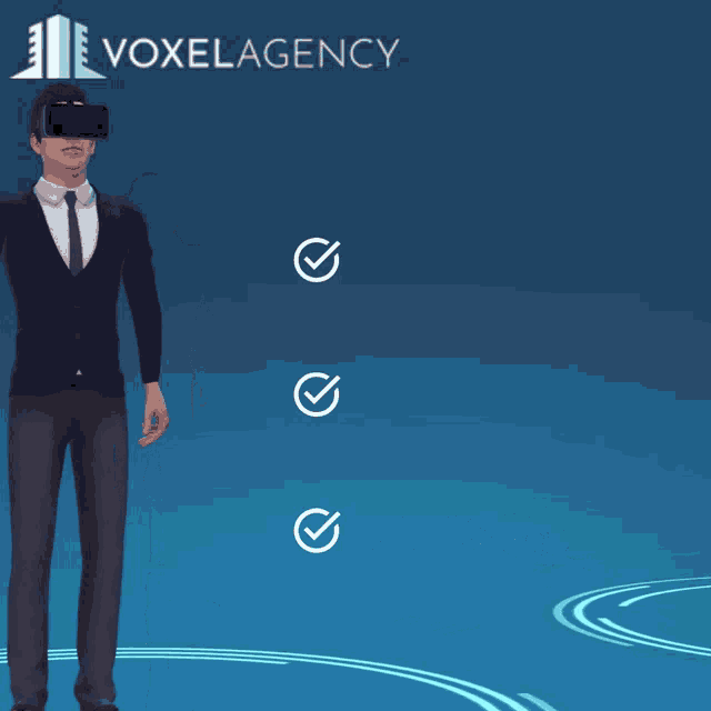 a man wearing a virtual reality headset stands in front of a voxeagency advertisement