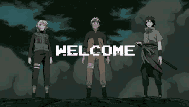 three anime characters standing next to each other with the words welcome behind them