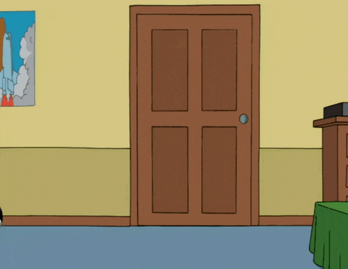 a cartoon drawing of a door with a picture of a rocket on the wall above it