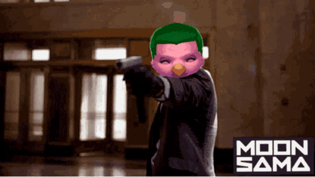 a picture of a person holding a gun with the words moon sama on the bottom