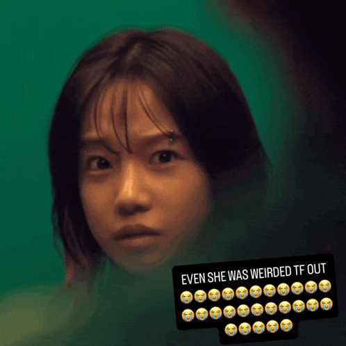 a picture of a girl with a sticker that says " even she was weirded tf out " on it