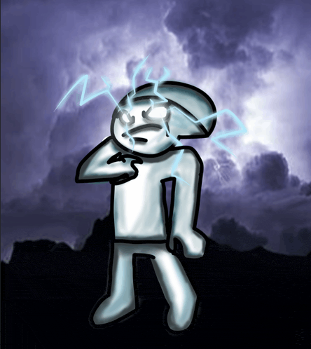 a drawing of a person with lightning bolts coming out of his head
