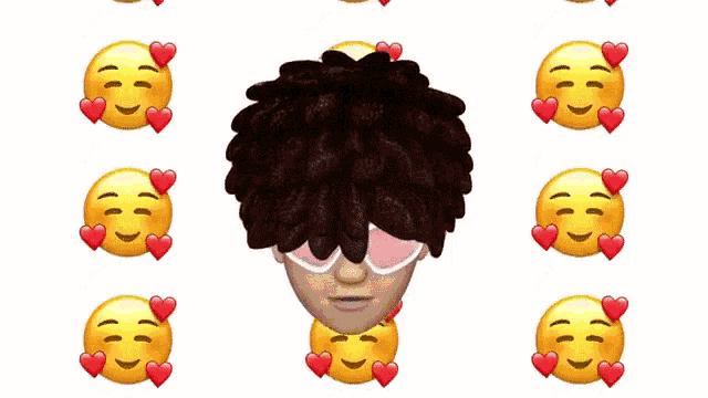 a man with curly hair and sunglasses is surrounded by hearts and smiley faces