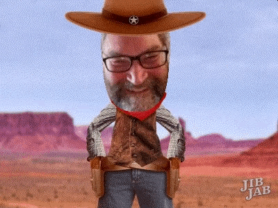 a cartoon of a man dressed as a cowboy with jib jab on the bottom