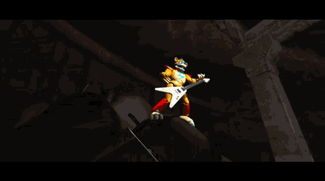 a yellow robot is holding a guitar with a lightning bolt on it
