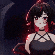 a girl with a choker around her neck is standing in the dark