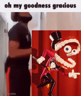a man is standing in front of a red curtain next to a cartoon character that says oh my goodness gracious .