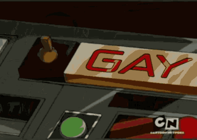 a cartoon shows a button that says gay