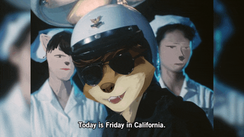 a cartoon of a dog wearing a police hat and sunglasses says today is friday in california