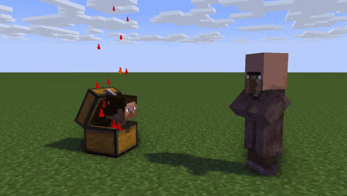 a minecraft scene with a man standing next to a chest with flames coming out of it