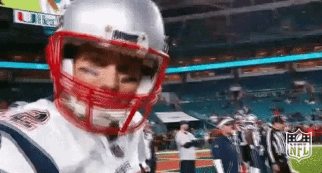 a football player wearing a helmet and a mask is standing on a field .