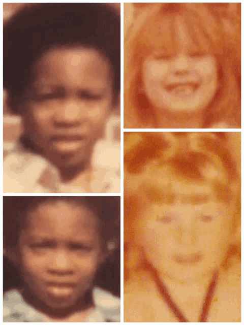 a collage of four children 's faces including a girl with red hair