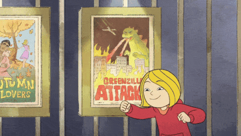 a girl is holding up a poster that says " greenzilla attack "