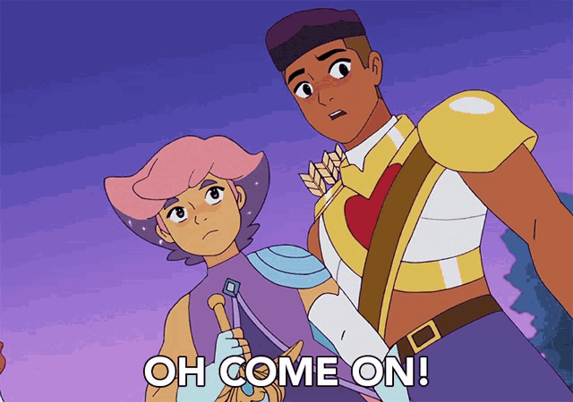 a couple of cartoon characters standing next to each other with the words oh come on