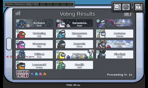 among us is being played on a cell phone and the voting results are shown