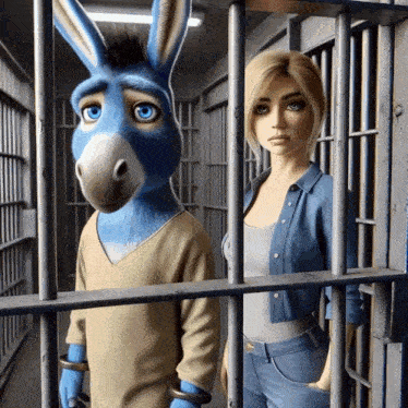 a donkey and a woman are behind bars in a jail