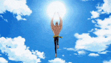 a cartoon character is flying through a blue sky