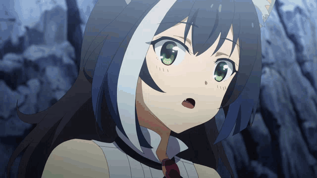 a girl with a cat ear looks surprised