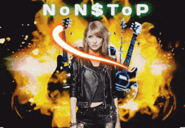 a woman in a leather jacket stands in front of guitars with the words " nonstop " above her
