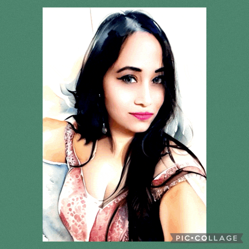 a picture of a woman with a green background and the words pic collage on the bottom